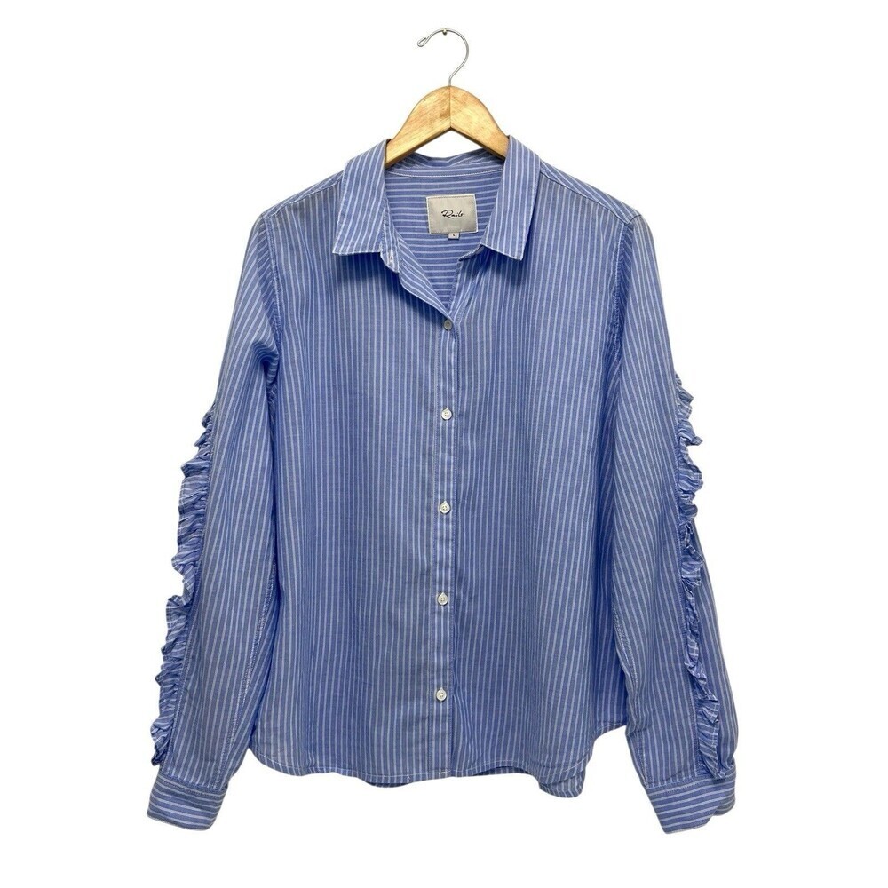 Rails Lizzi Button Down Shirt Bellflower Blue White Stripe Ruffle Trim Women’s L